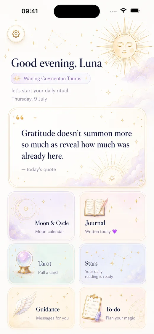 GirlCult home screen with a daily quote and six ritual tiles