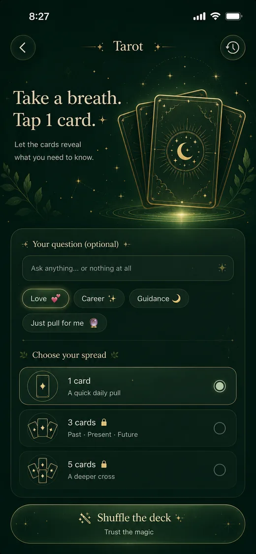 The tarot question and card spread screen in a deep green night theme