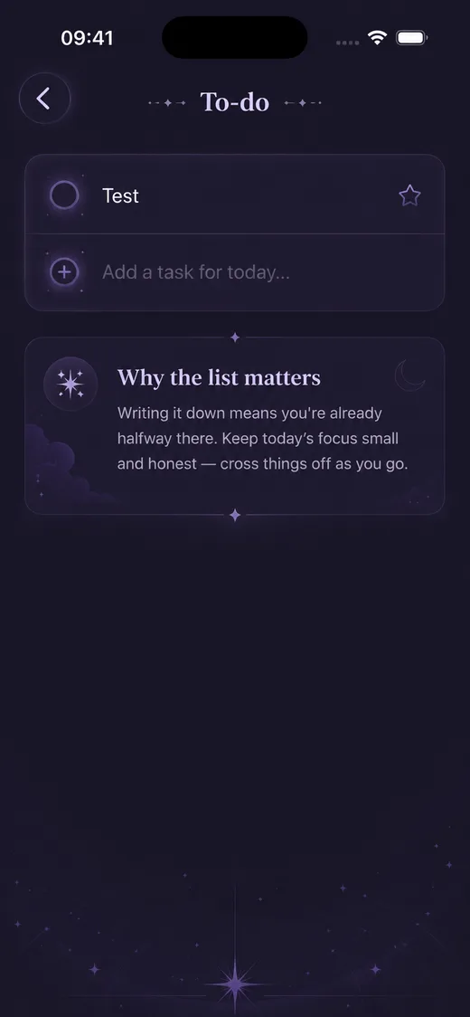 A quiet night-themed to-do list with purple celestial details